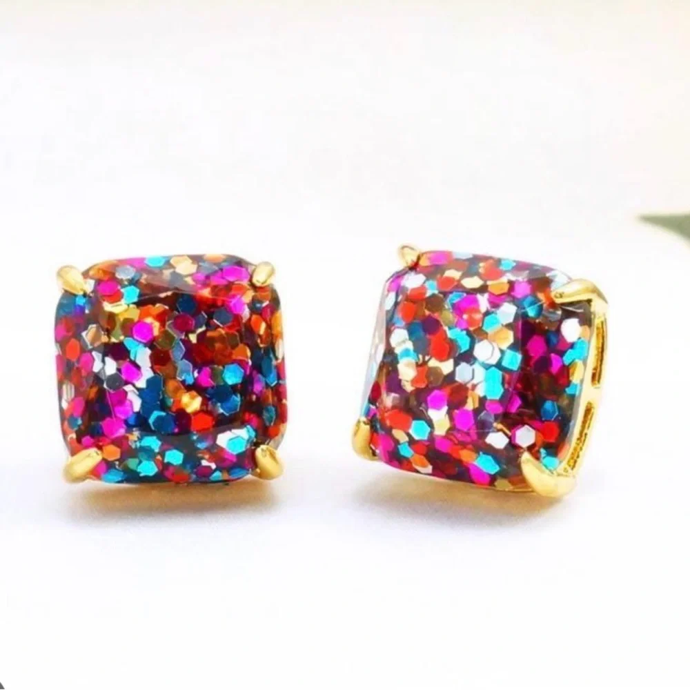 Kate Spade Multicolor Square Glitter Stud Earrings | Gold Setting - Dust Bag